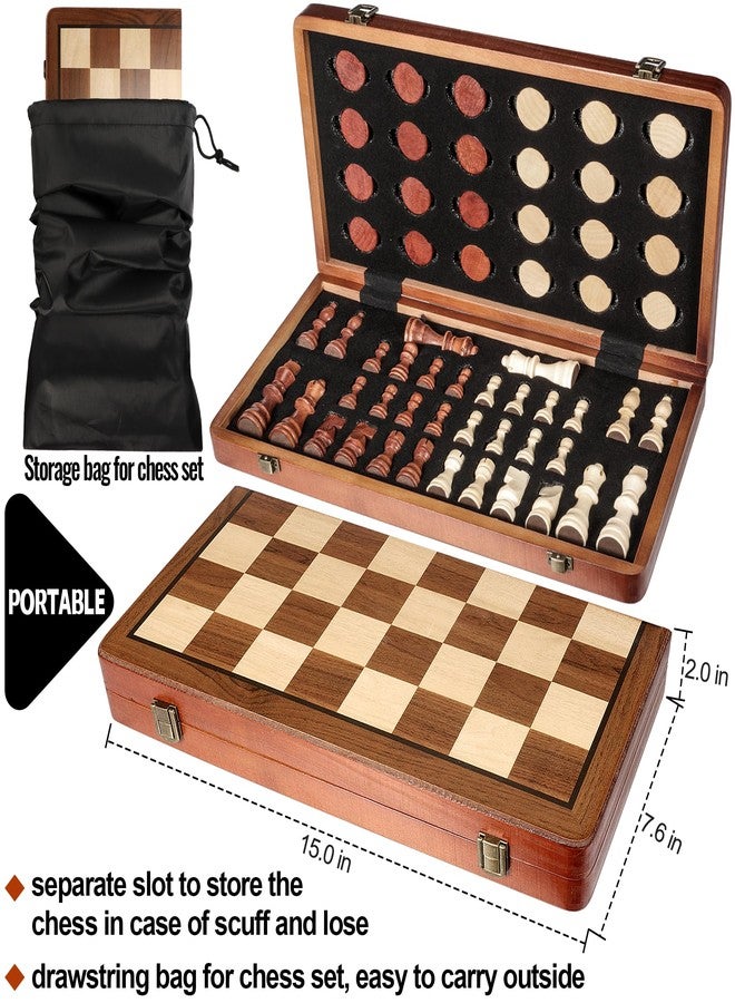 QUMMFA 2 in 1 Wooden Chess and Checkers Set - Folding Magnetic Chess Board with Storage Slots, Chess Pieces, Portable Travel Chess Set for Adults & Kids, Includes Carry Bag - Image 3